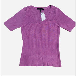 Women's White House Black Market Ribbed V-Neck Top Pink L